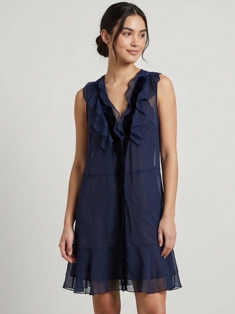 See By Chloe Sz S Navy Sheer Ruffle Feminine Short Dress
